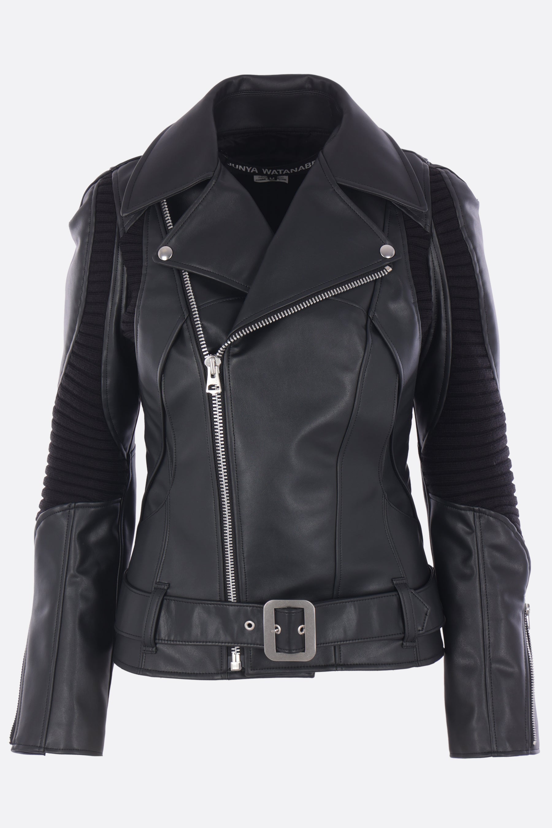 synthetic leather and knit biker jacket