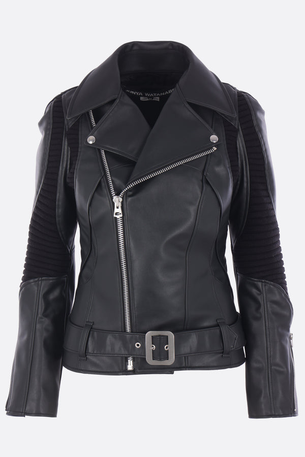 synthetic leather and knit biker jacket