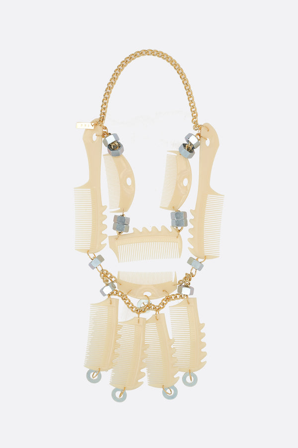 necklace featuring resin combs, bolts, and washers