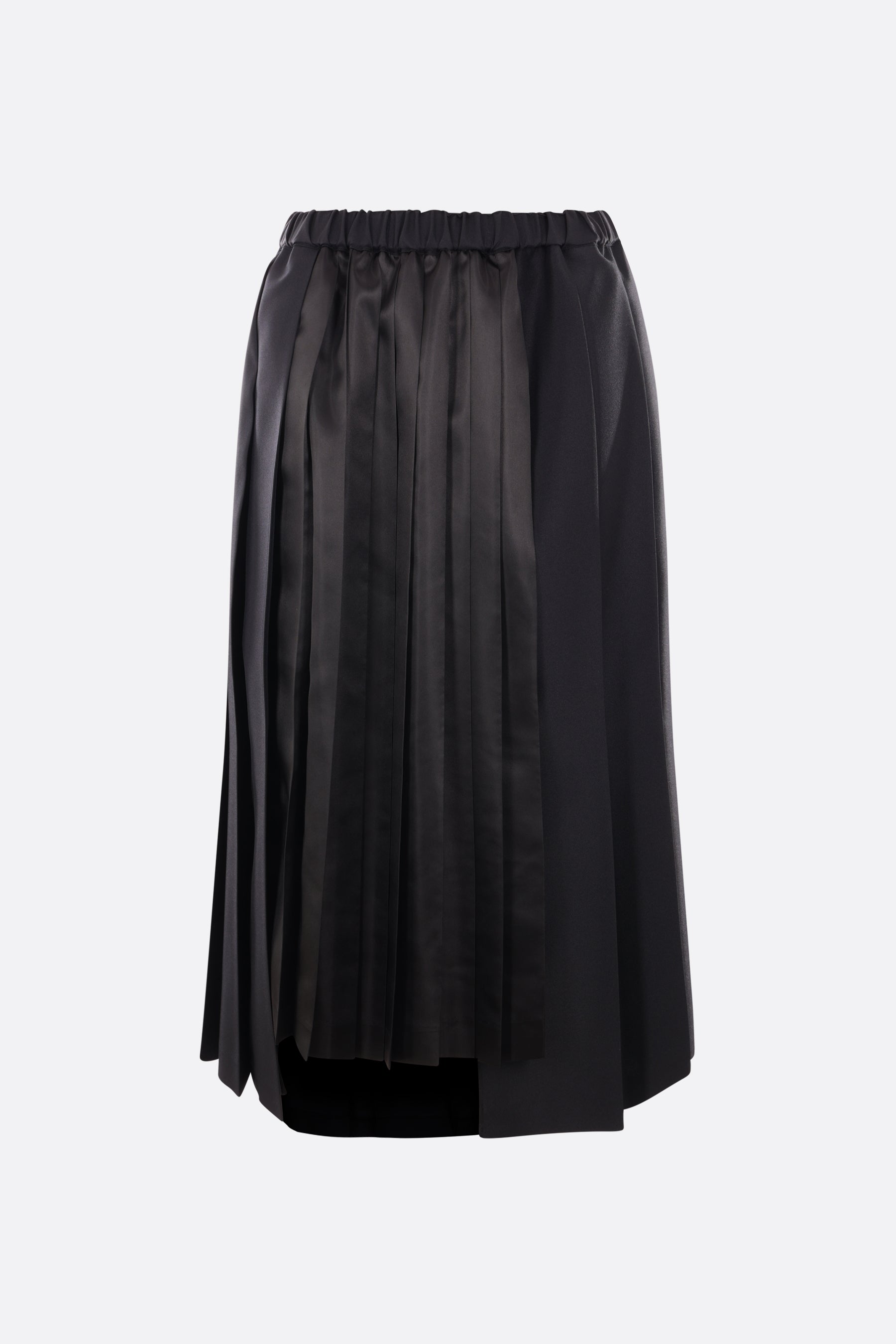 asymmetric pleated twill and satin midi skirt