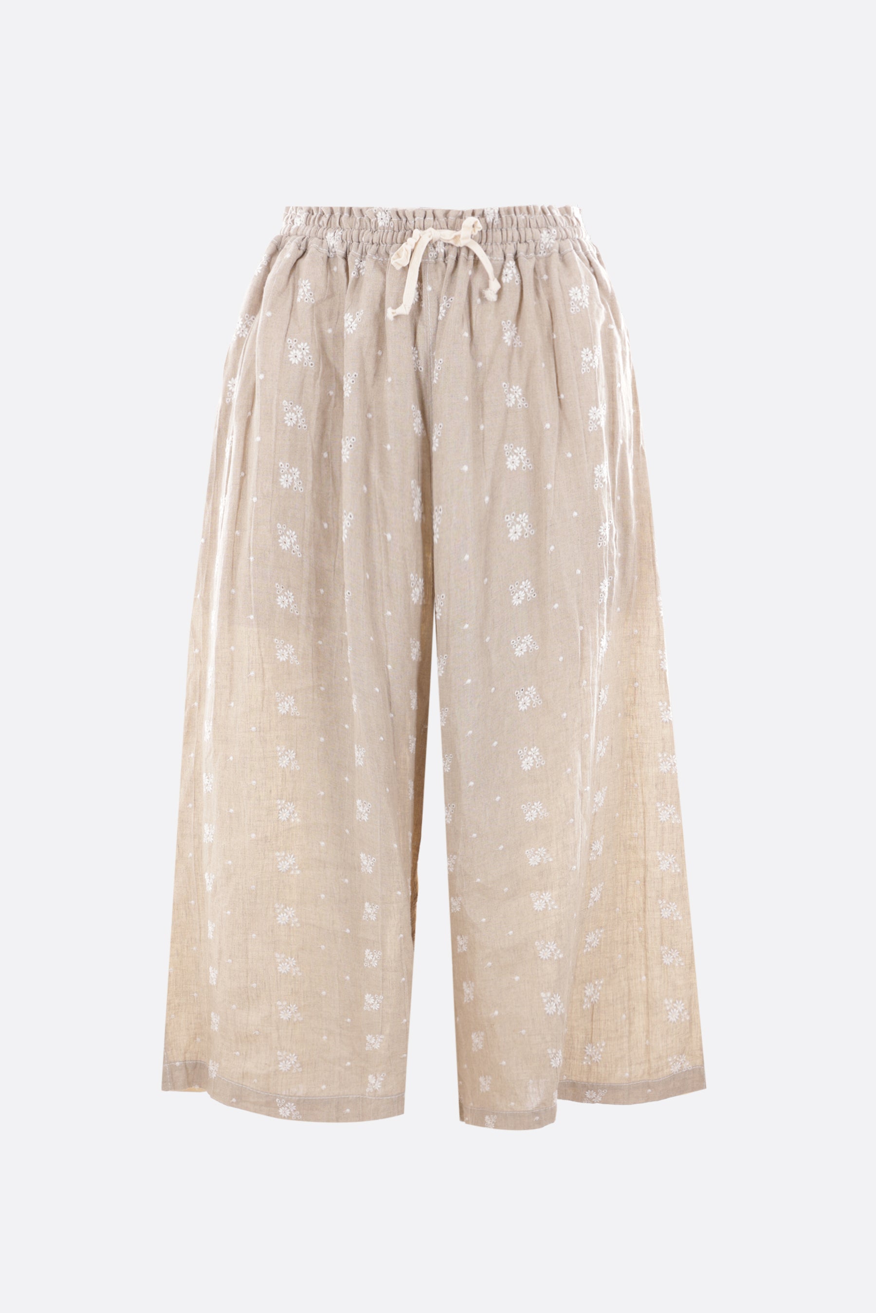 pantalone cropped in lino e cotone ricamo floreale