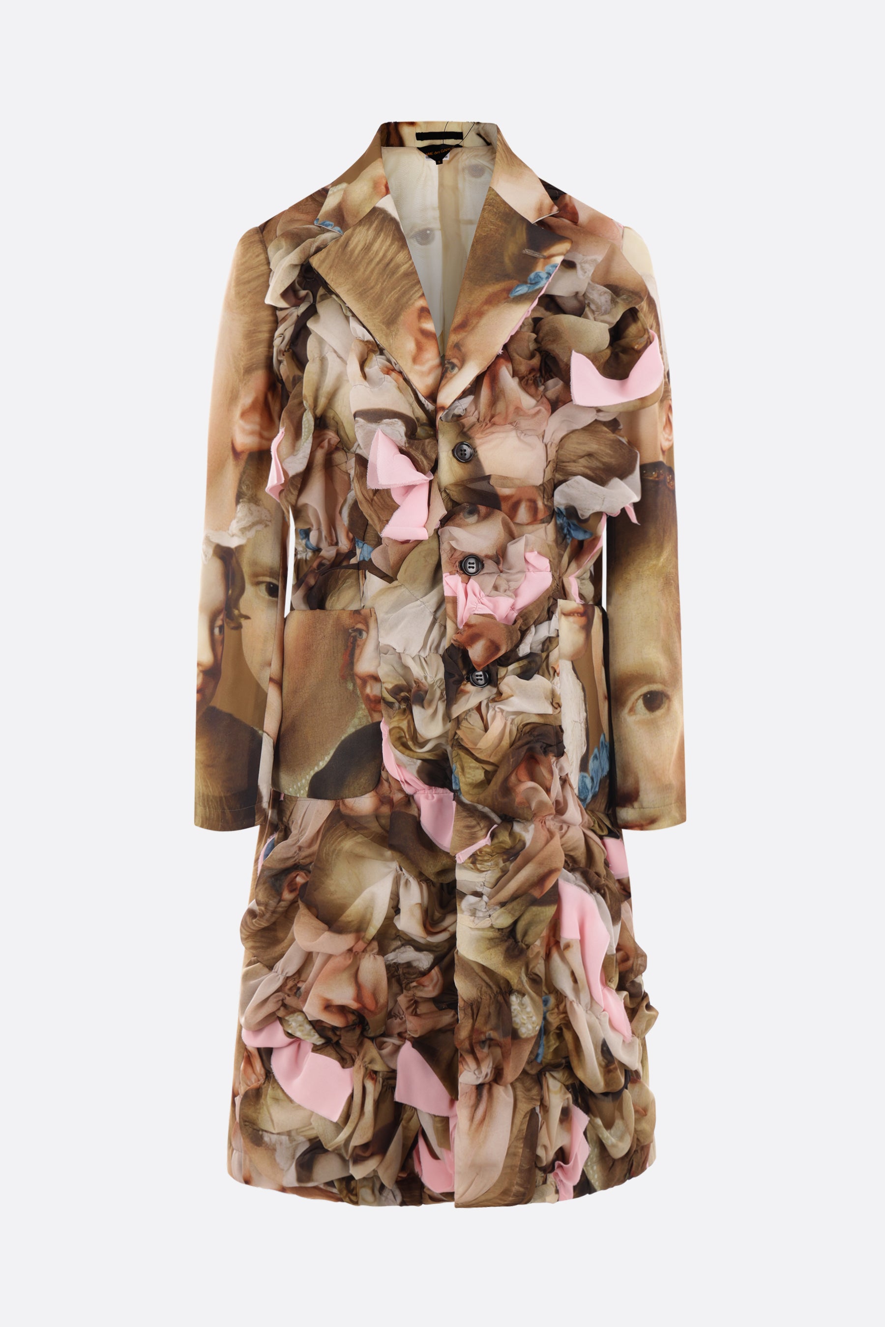single-breasted printed technical chiffon coat with gathering