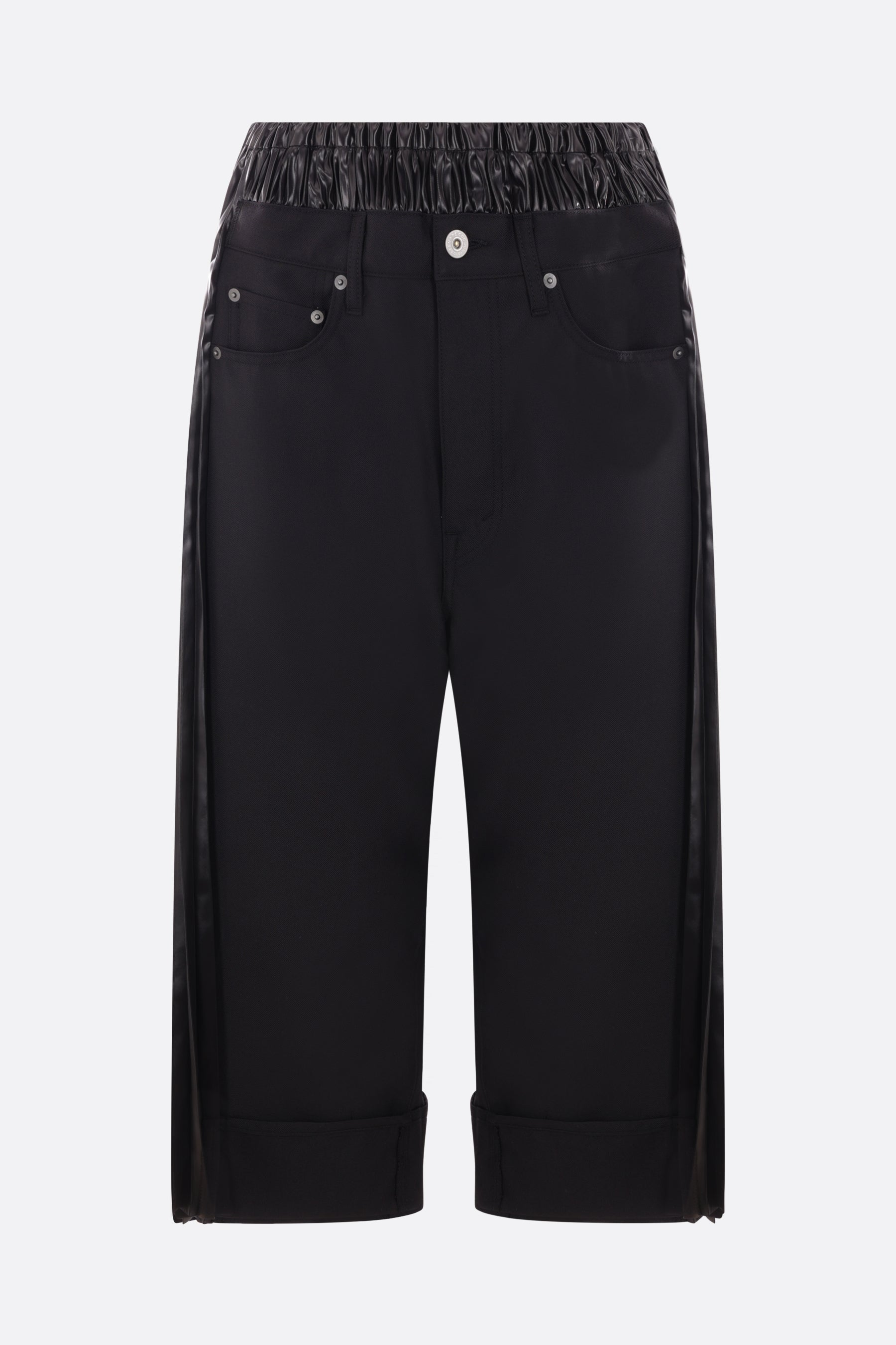 cropped pants in twill and shiny pleated nylon