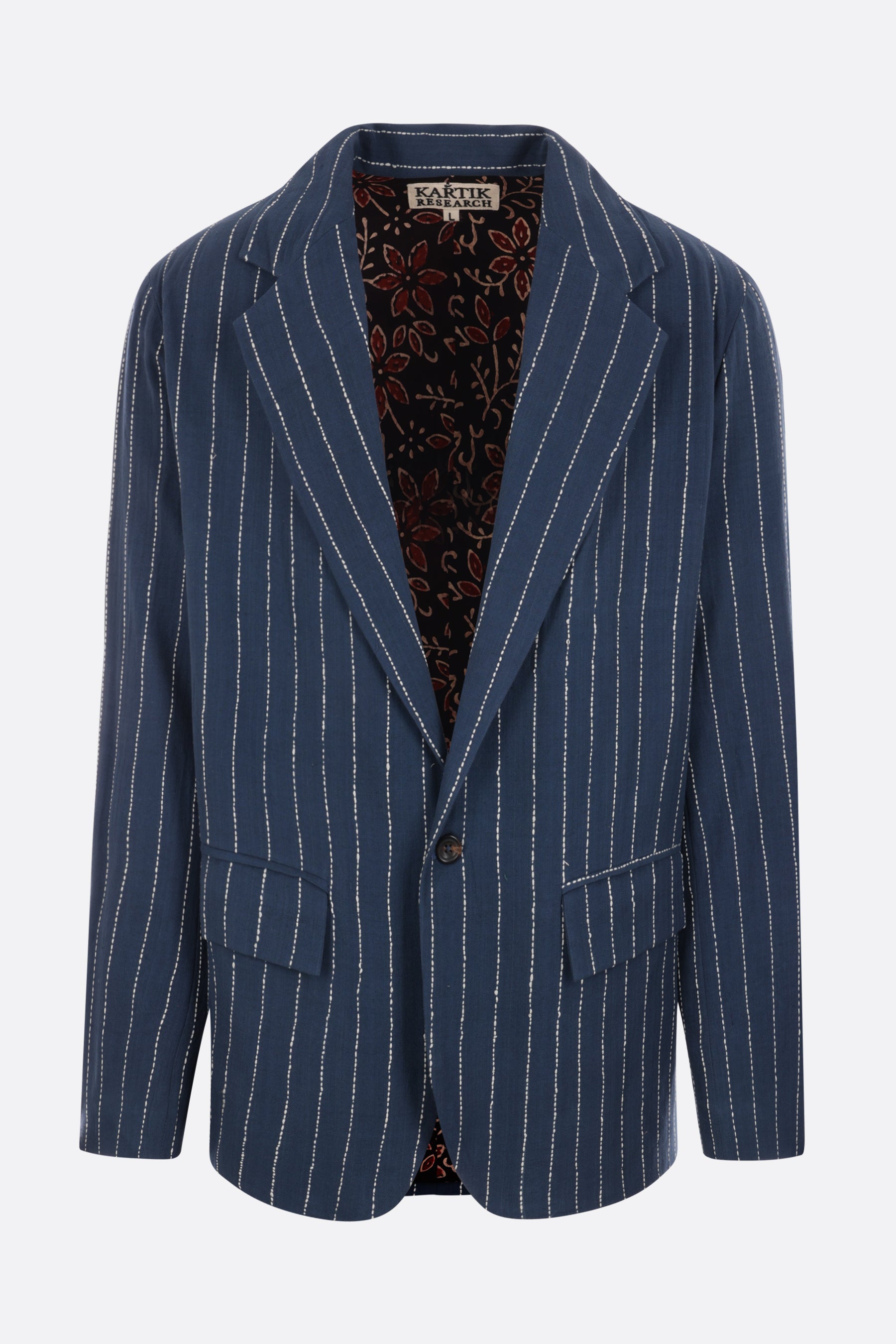 single-breasted herringbone cotton jacket with Kantha embroideries