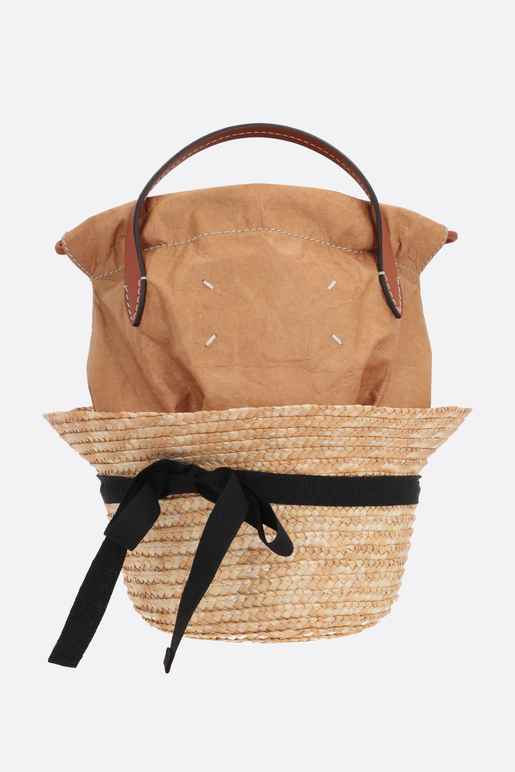 Hat straw and paper-effect faux leather bucket bag