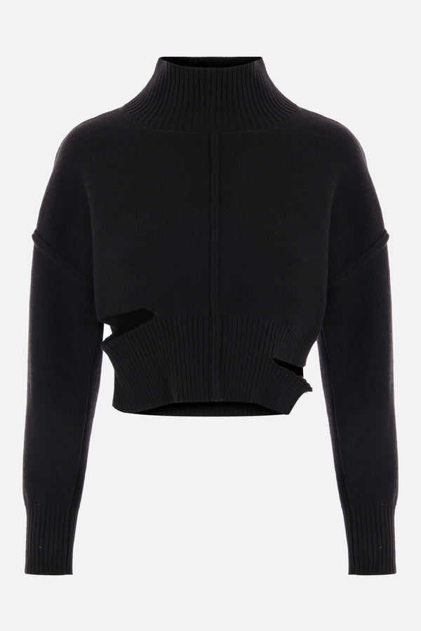 Black Ribbed Cropped Turtleneck Sweater 