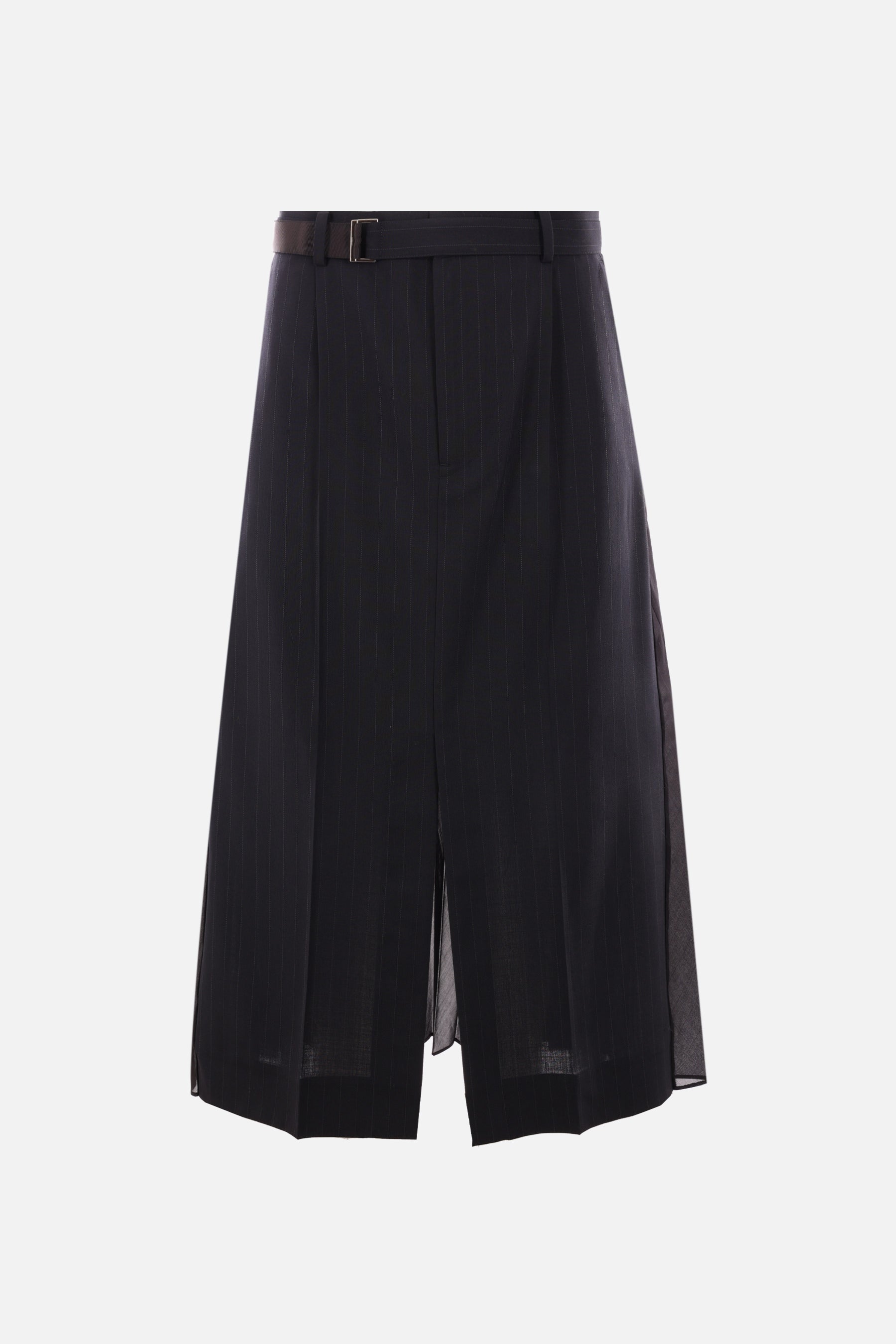 pinstriped wool blend midi skirt with pleated panel