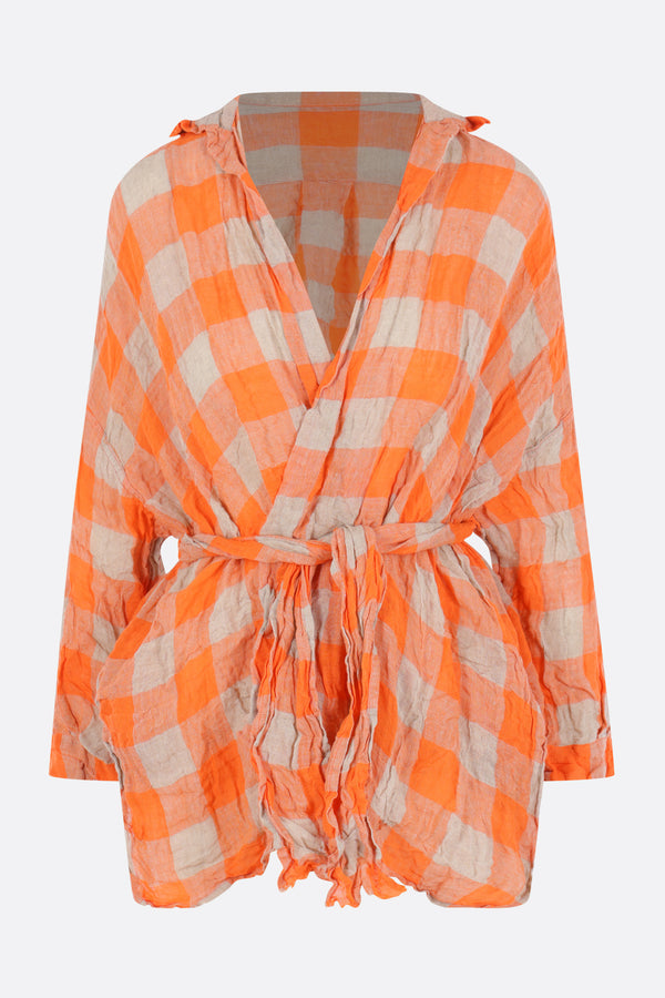 check linen wrap shirt