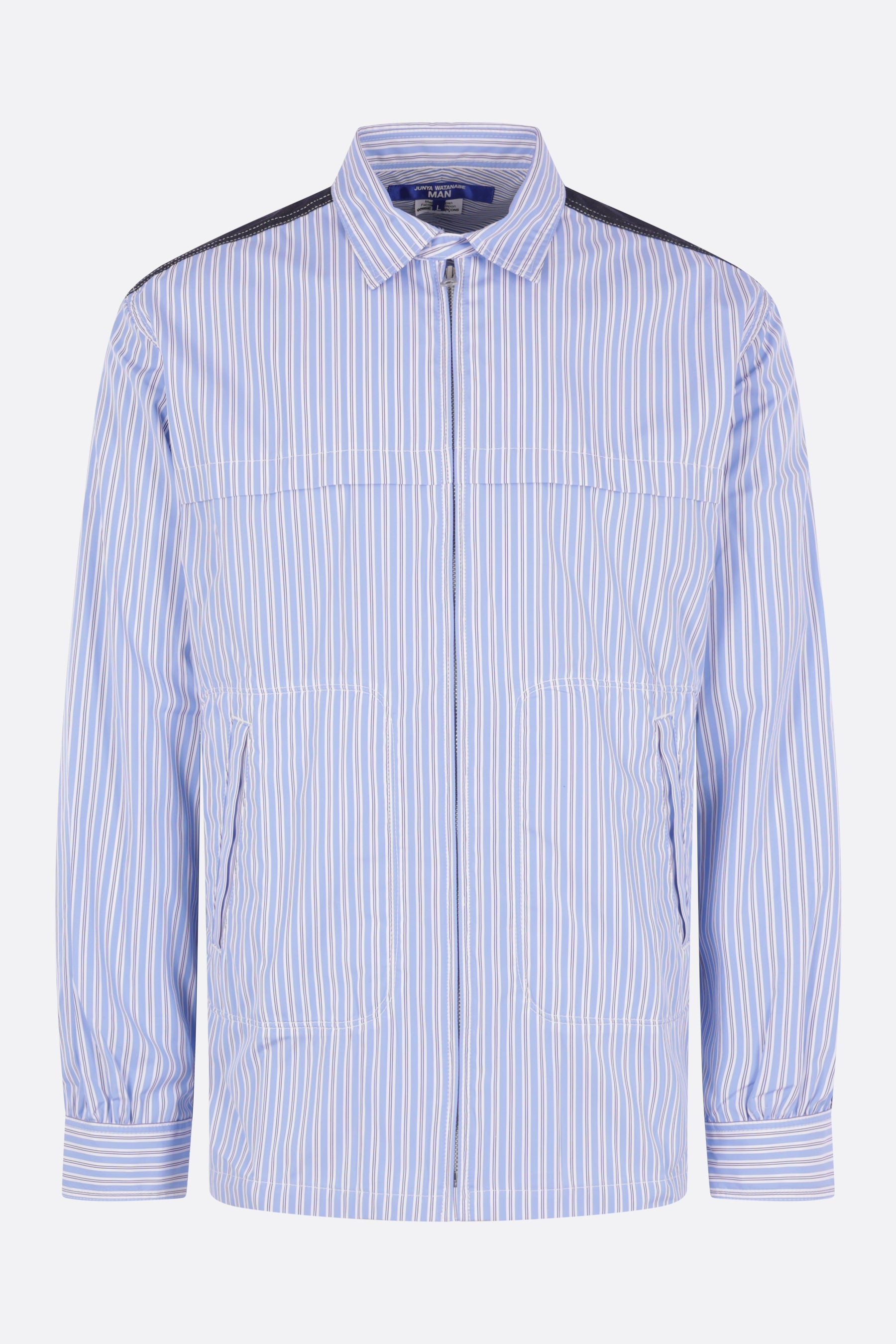 striped poplin shirt with denim patchwork