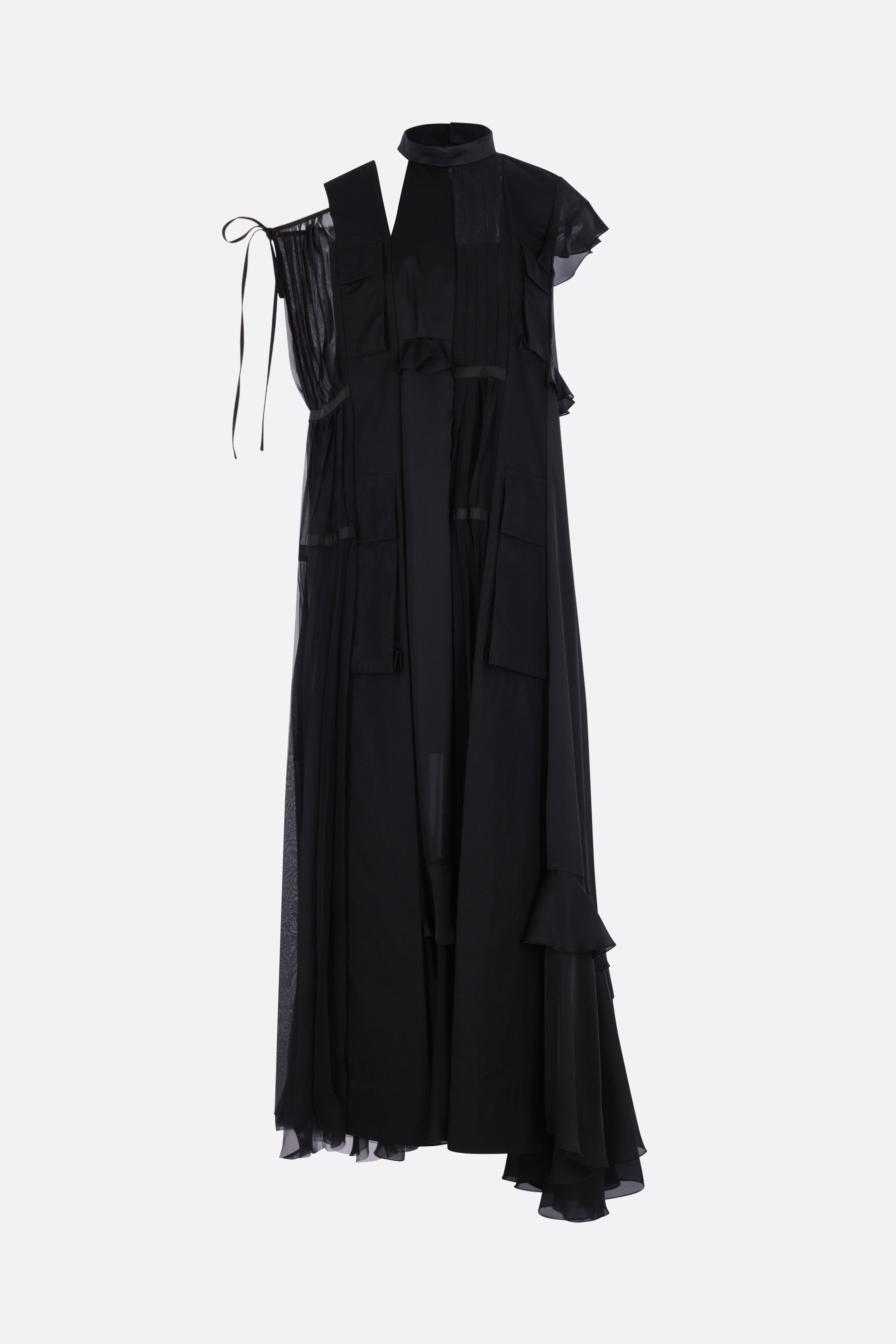 deconstructed long dress in cotton, satin and chiffon