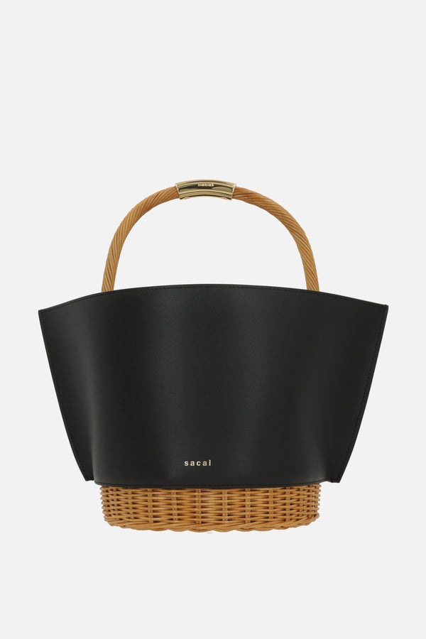 borsa a mano media in pelle liscia e rattan