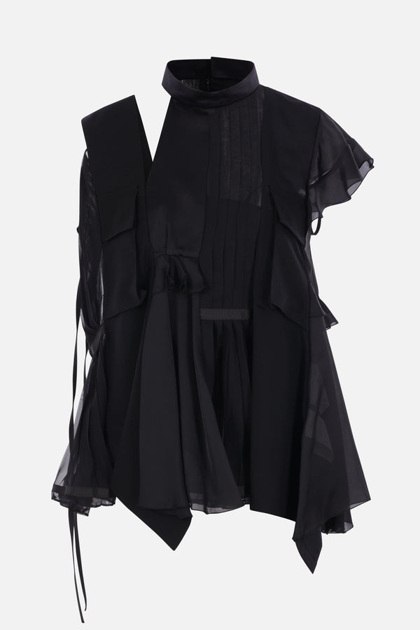 deconstructed top in wool, satin and chiffon