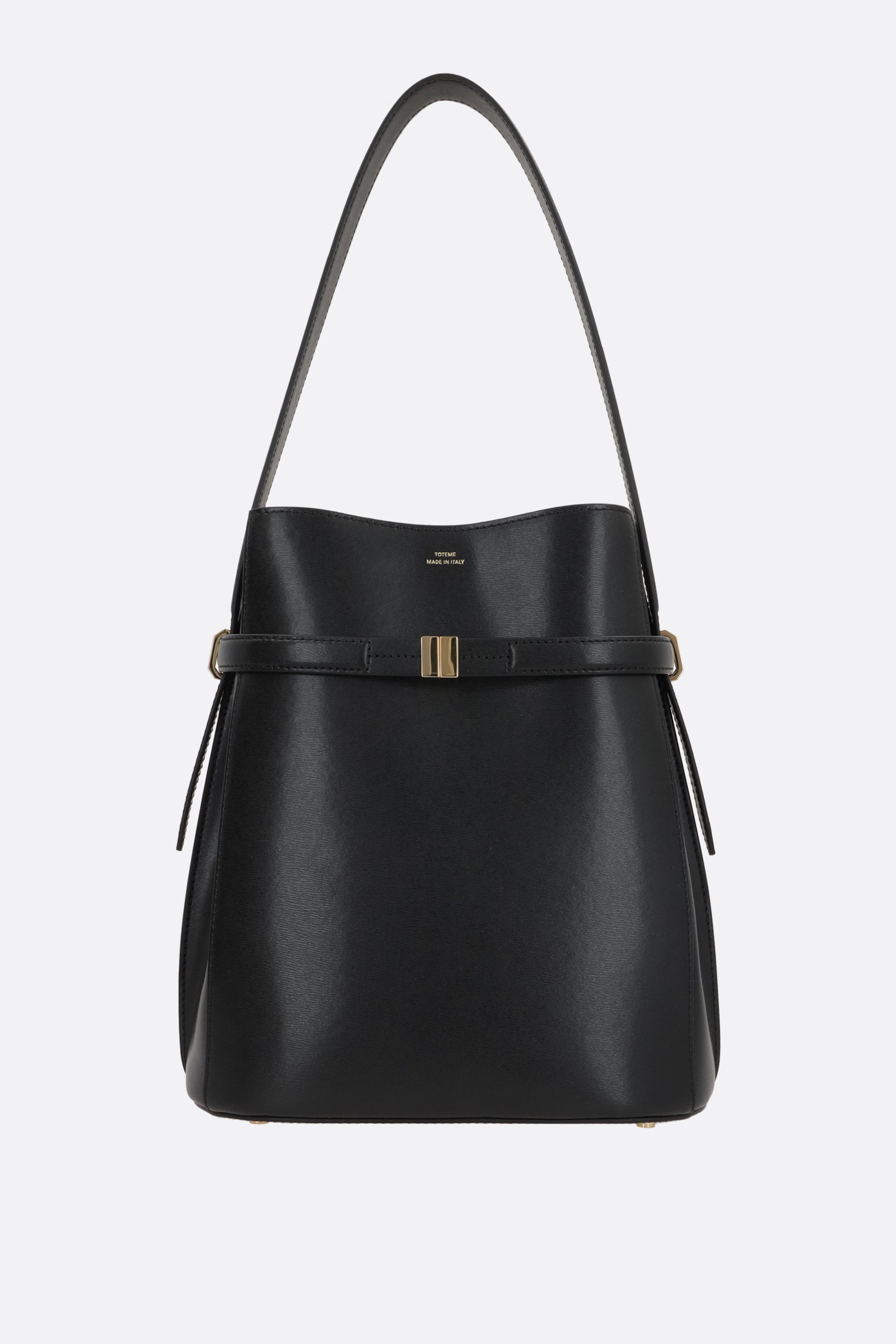 Belted bucket bag in textured leather