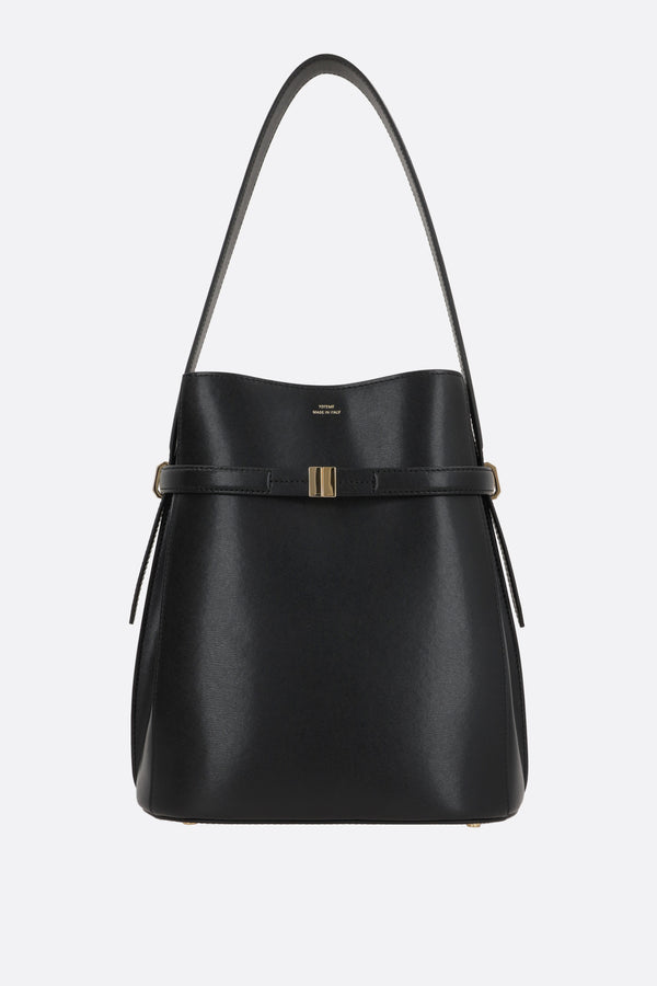 Belted bucket bag in textured leather