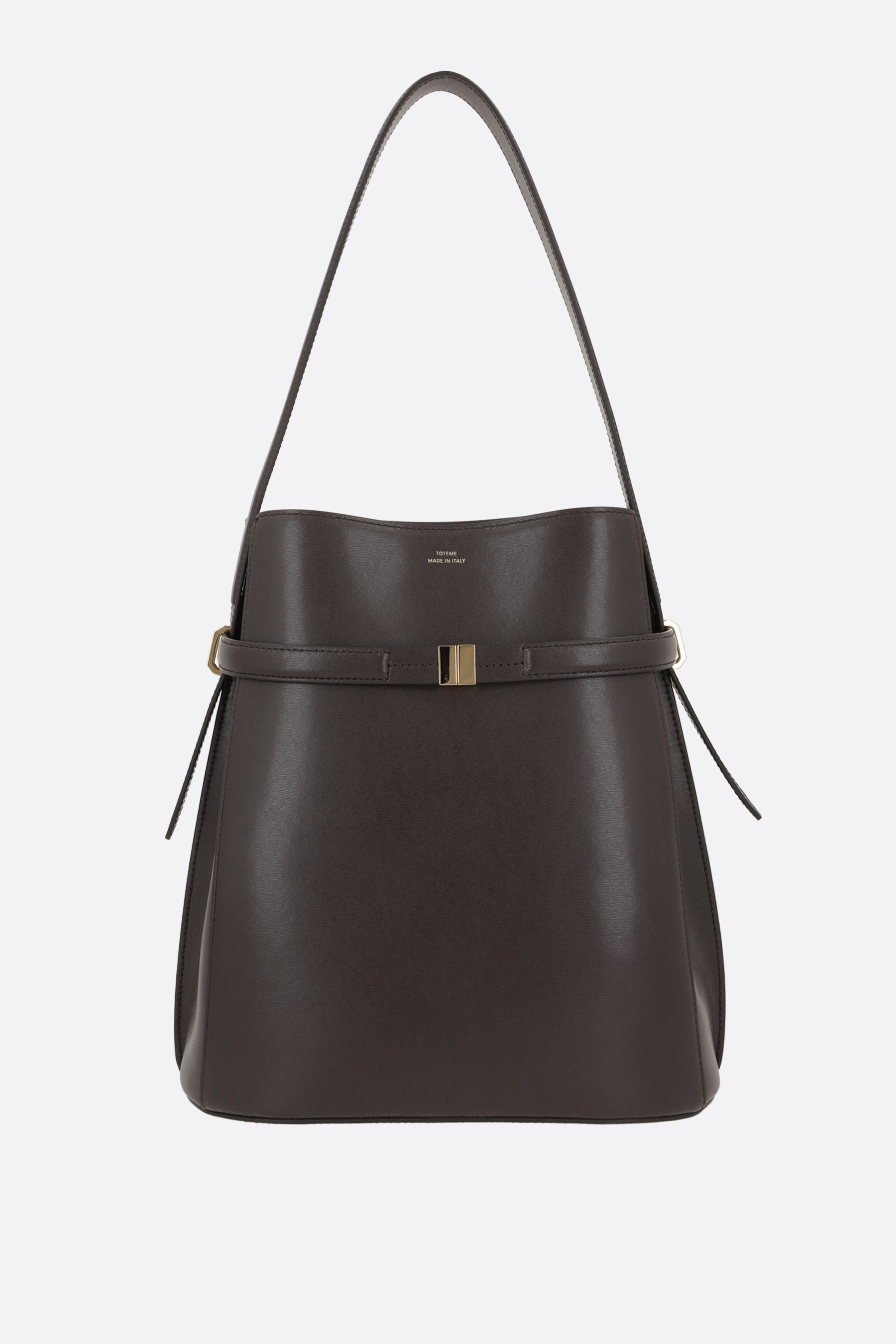 Belted bucket bag in textured leather