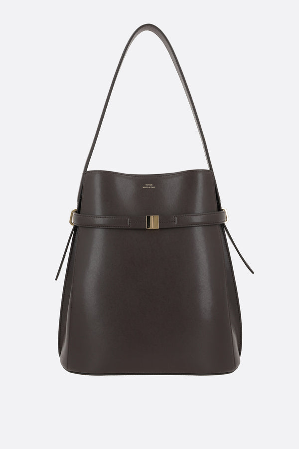 Belted bucket bag in textured leather