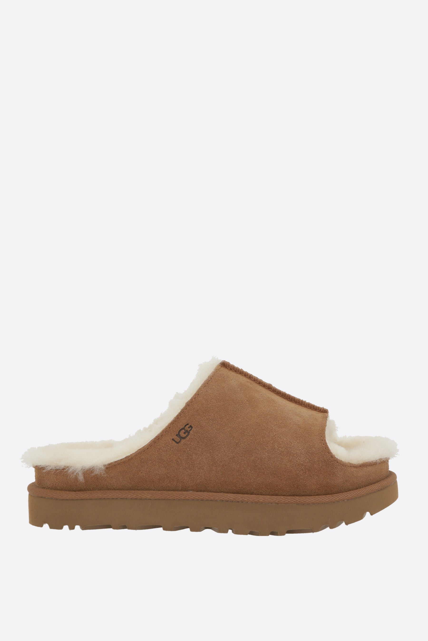 Greenport slide sandals in suede and shearling