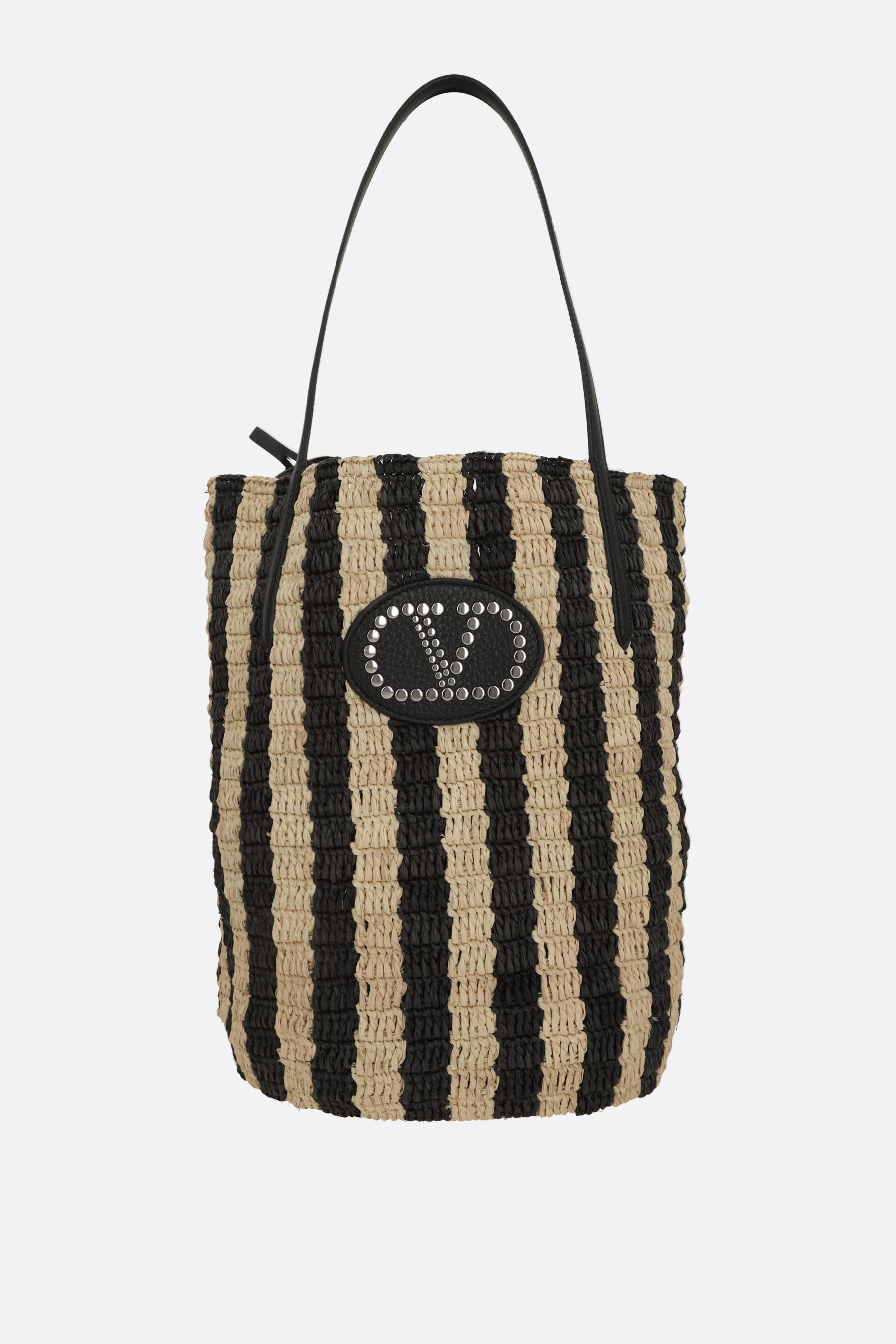 striped raffia bucket bag