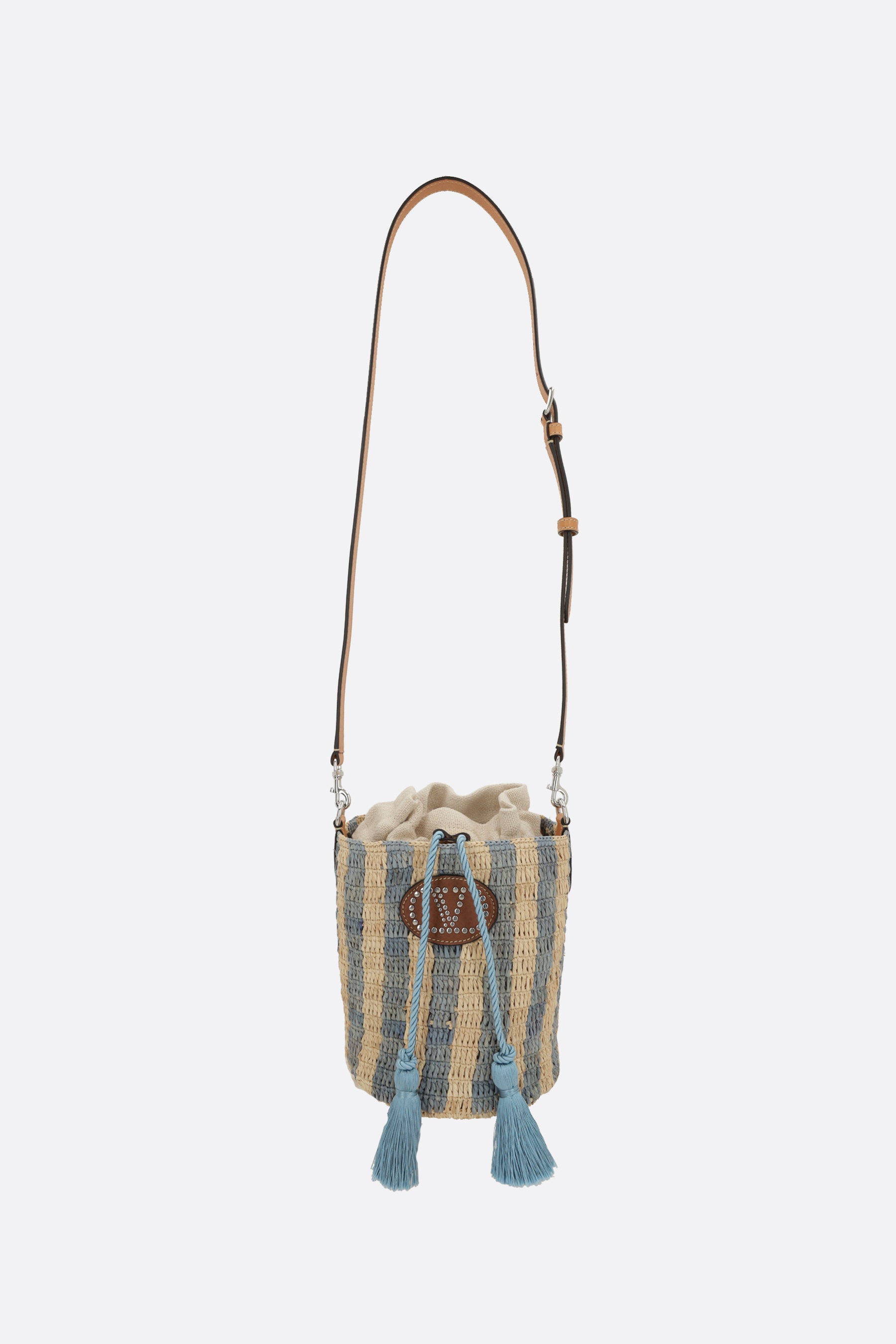 small bucket bag in striped raffia