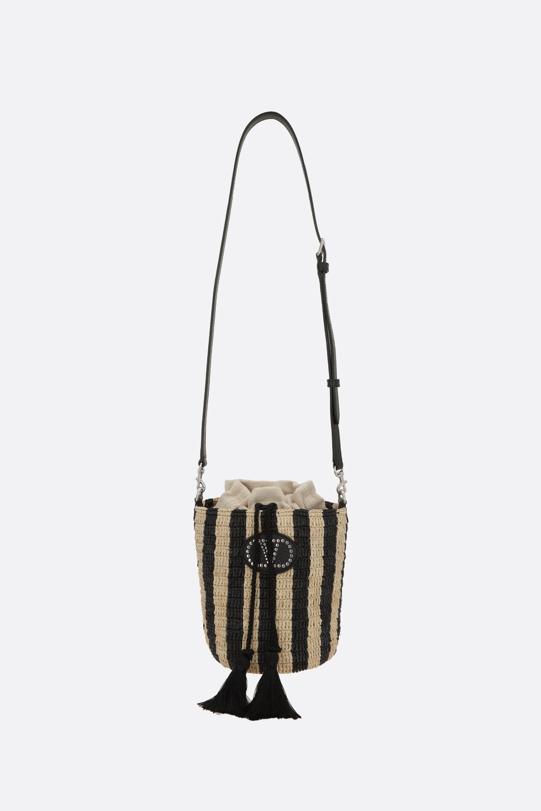 small bucket bag in striped raffia