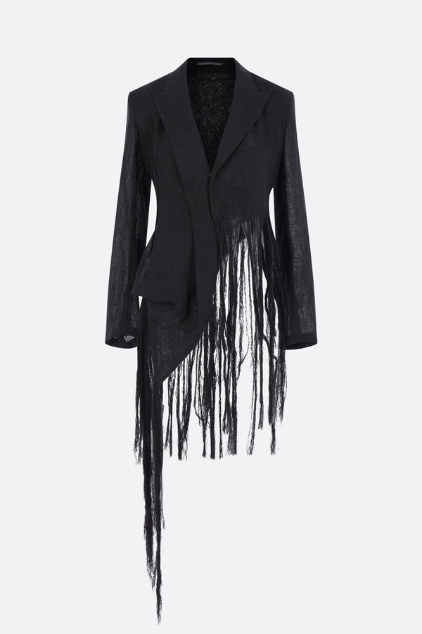 asymmetric jacket in linen with fringes