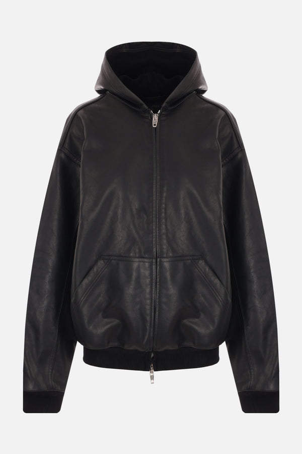 Hoodie Lined oversize leather jacket