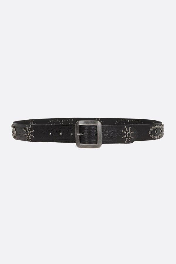 embossed leather belt with studs