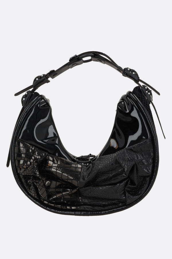 crocodile embossed leather and mesh shoulder bag