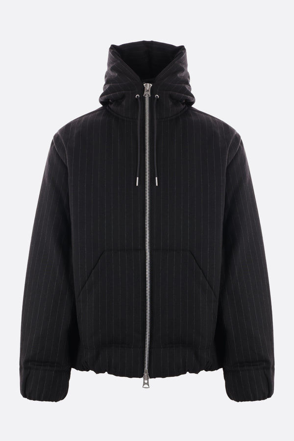 pinstriped wool padded jacket with hood