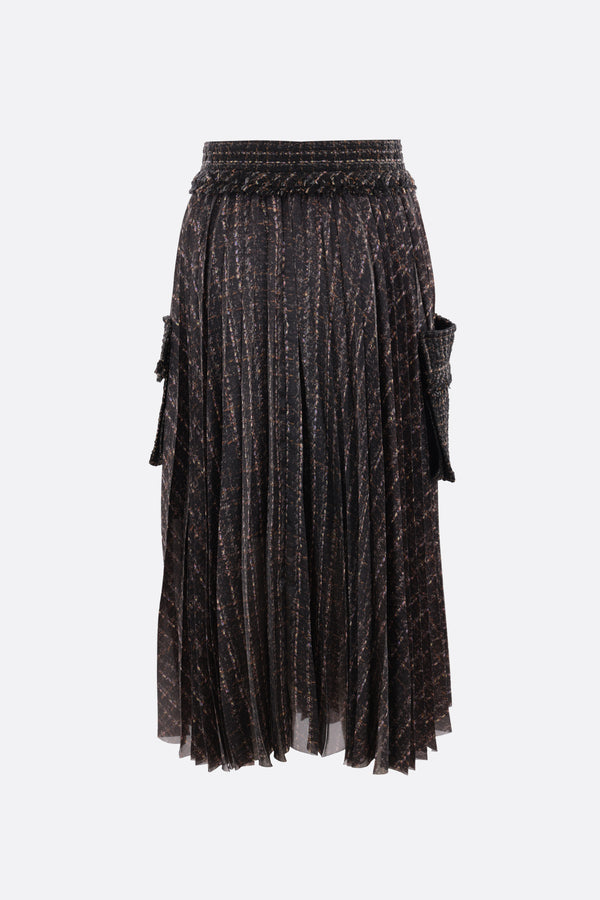 pleated satin and tweed wrap skirt