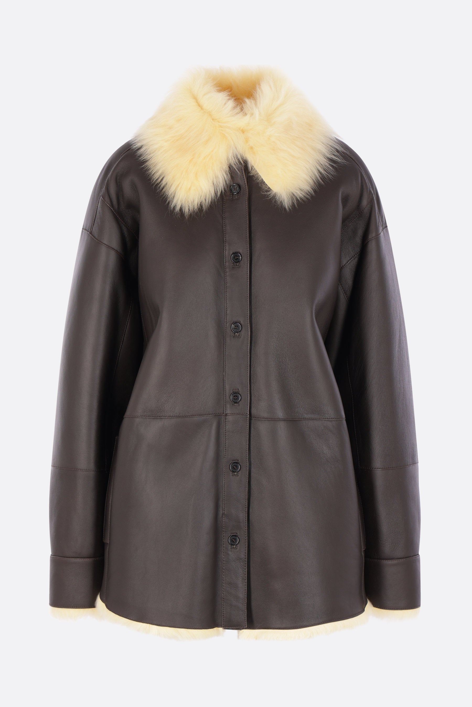 giacca-camicia oversize in pelle e shearling