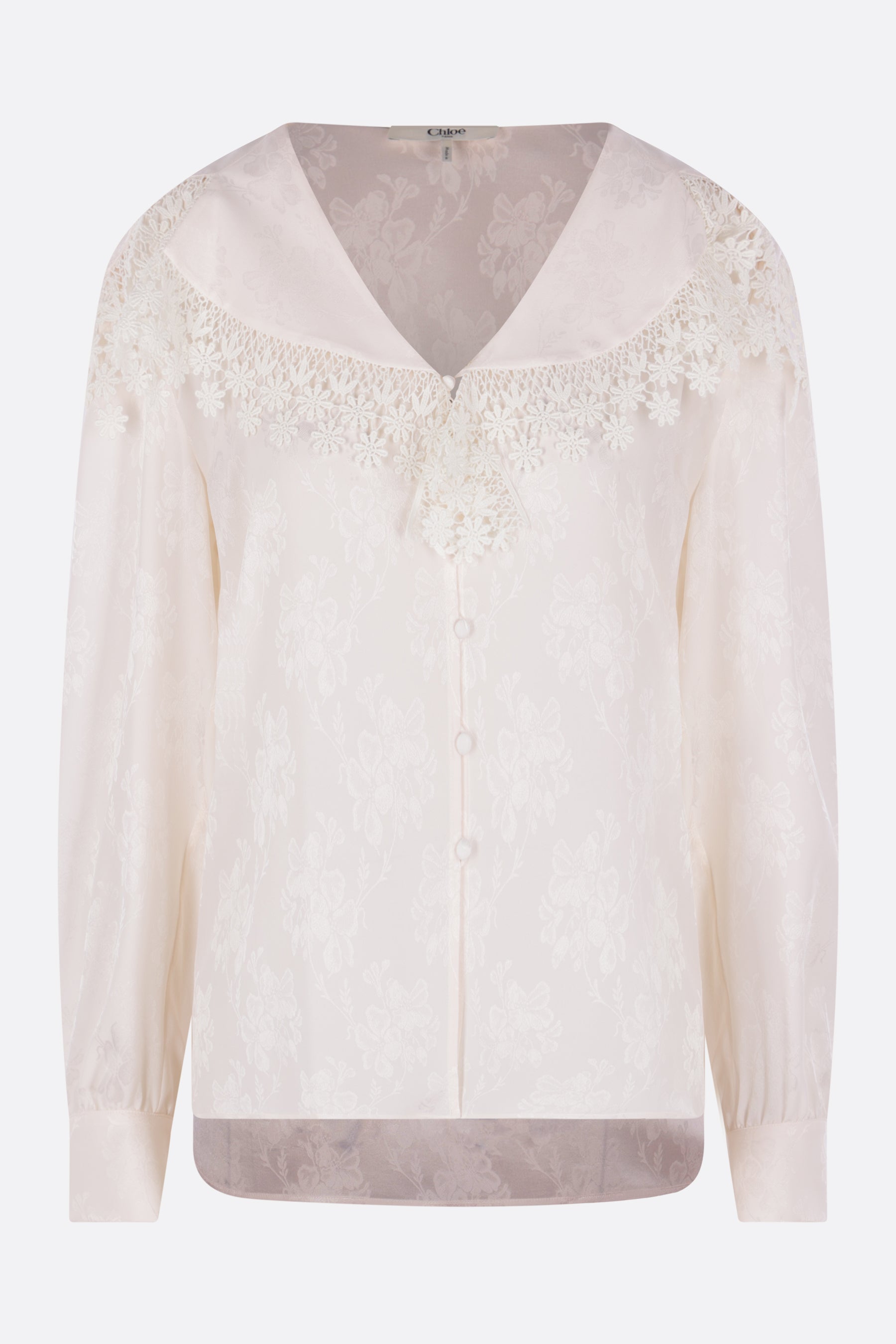 silk jacquard blouse with lace trim