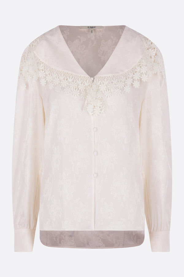 silk jacquard blouse with lace trim