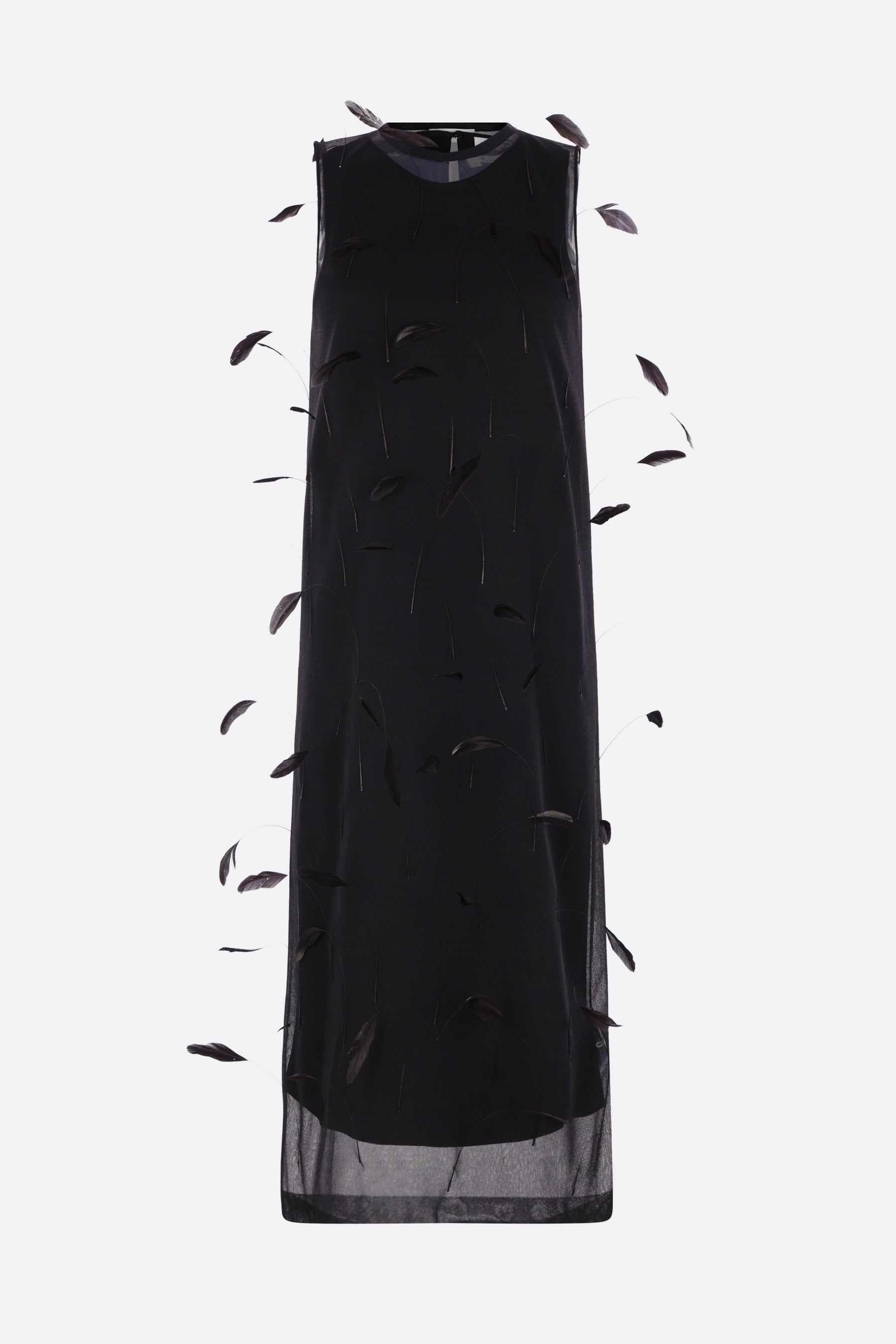 sleeveless dress in silk knit with feather