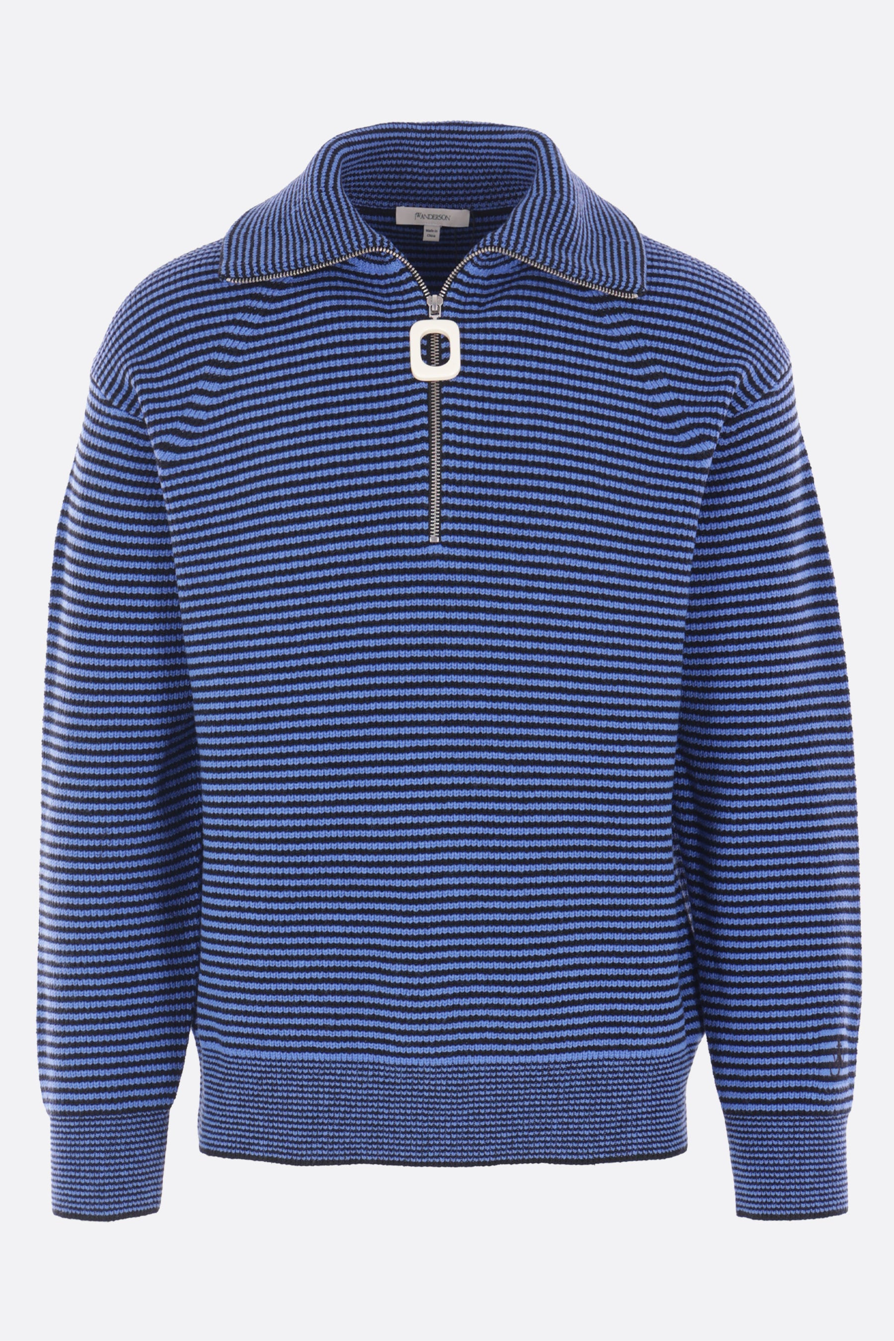 half-zip sweater in striped cotton and wool blend