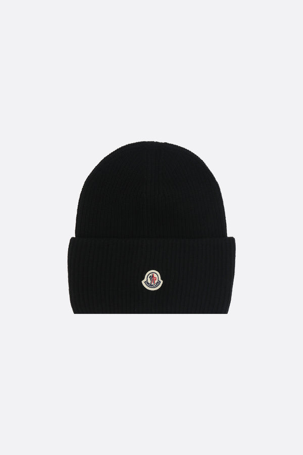 rib wool beanie with logo patch