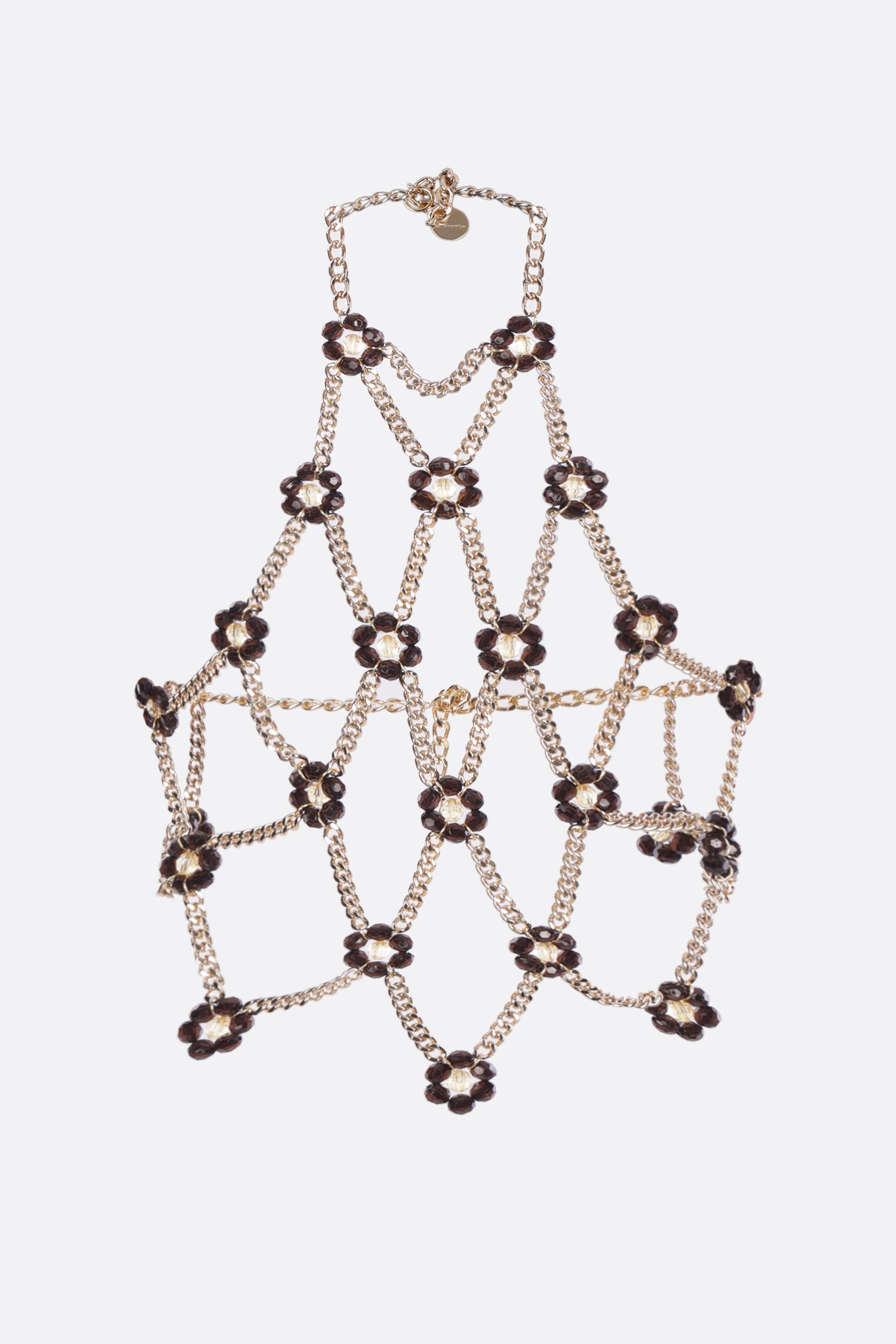 halterneck top in metal chain with floral details