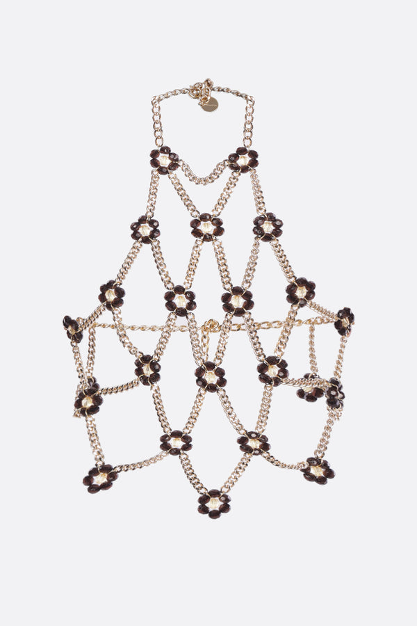 halterneck top in metal chain with floral details