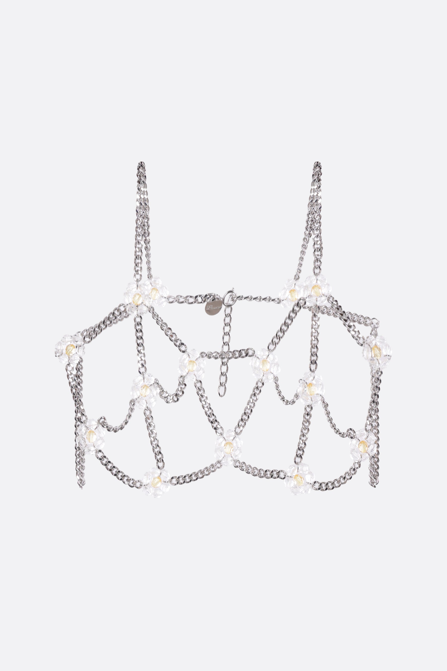 cropped top in metal chain with floral details