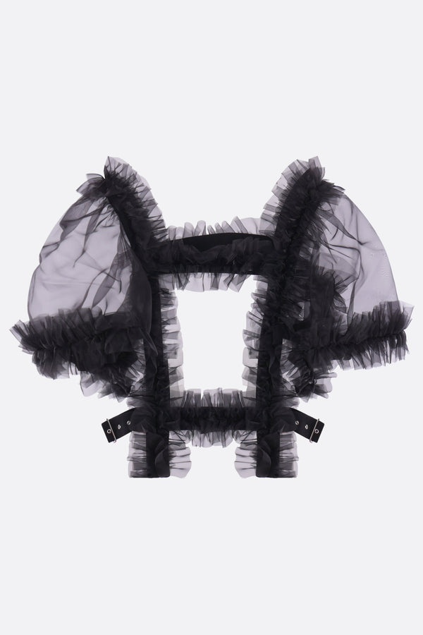 short-sleeve top in organza with belted straps