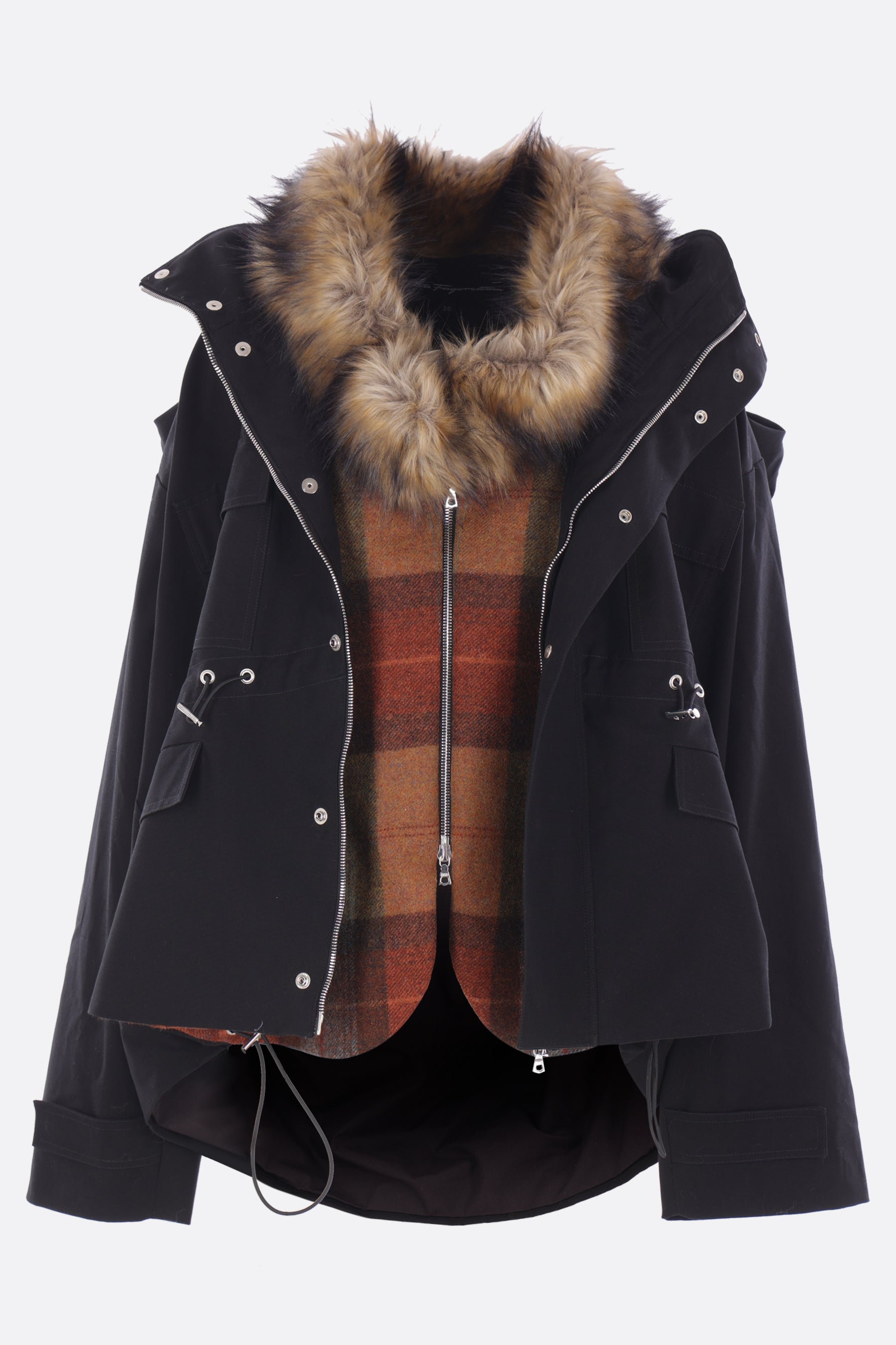 deconstructed parka in canvas and check flannel