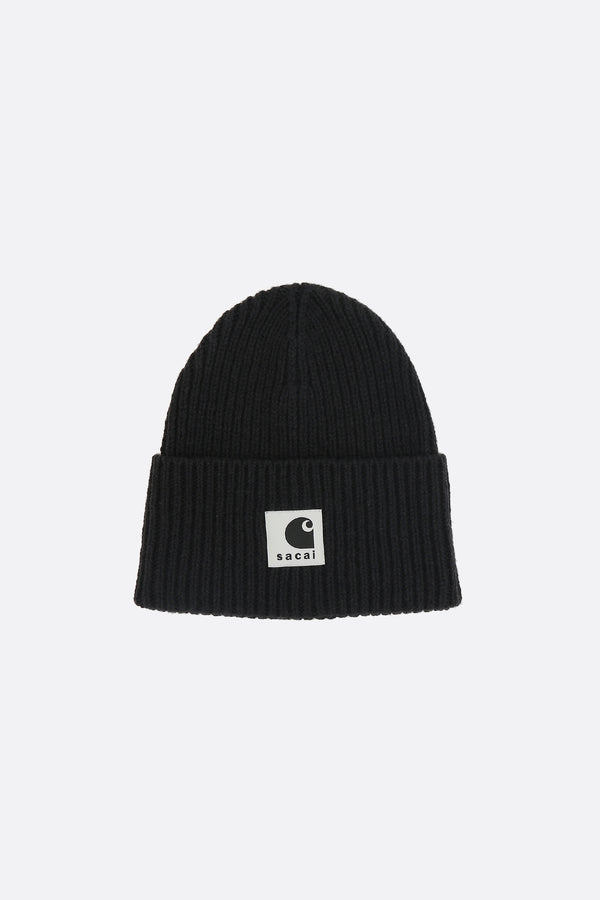 rib wool blend beanie with logo patch