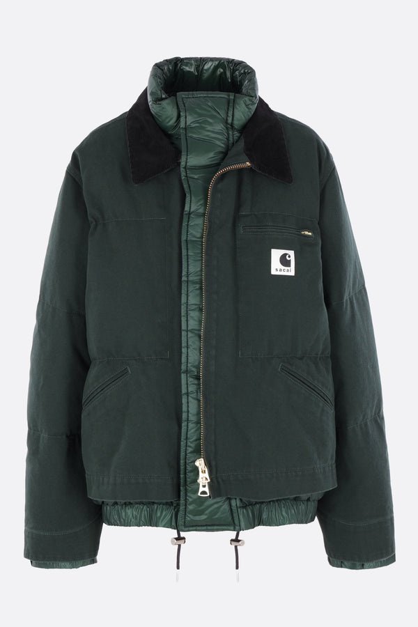 canvas and nylon down jacket with logo patch