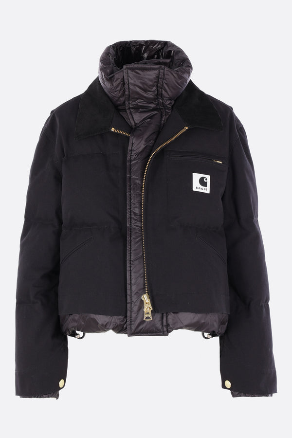 canvas and nylon crop down jacket with logo patch