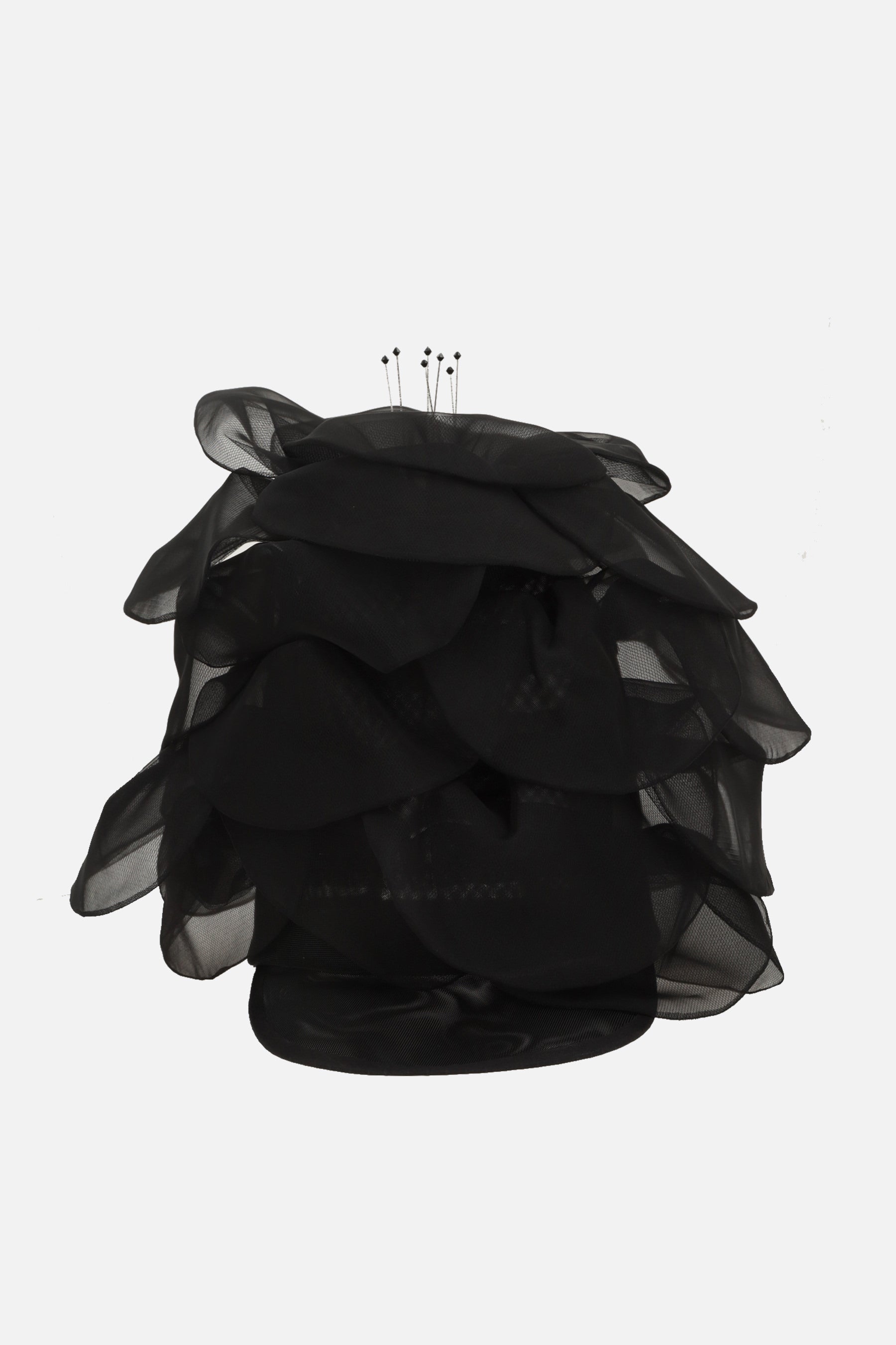 a petal cap in crin, organza, tulle, and rhinestones