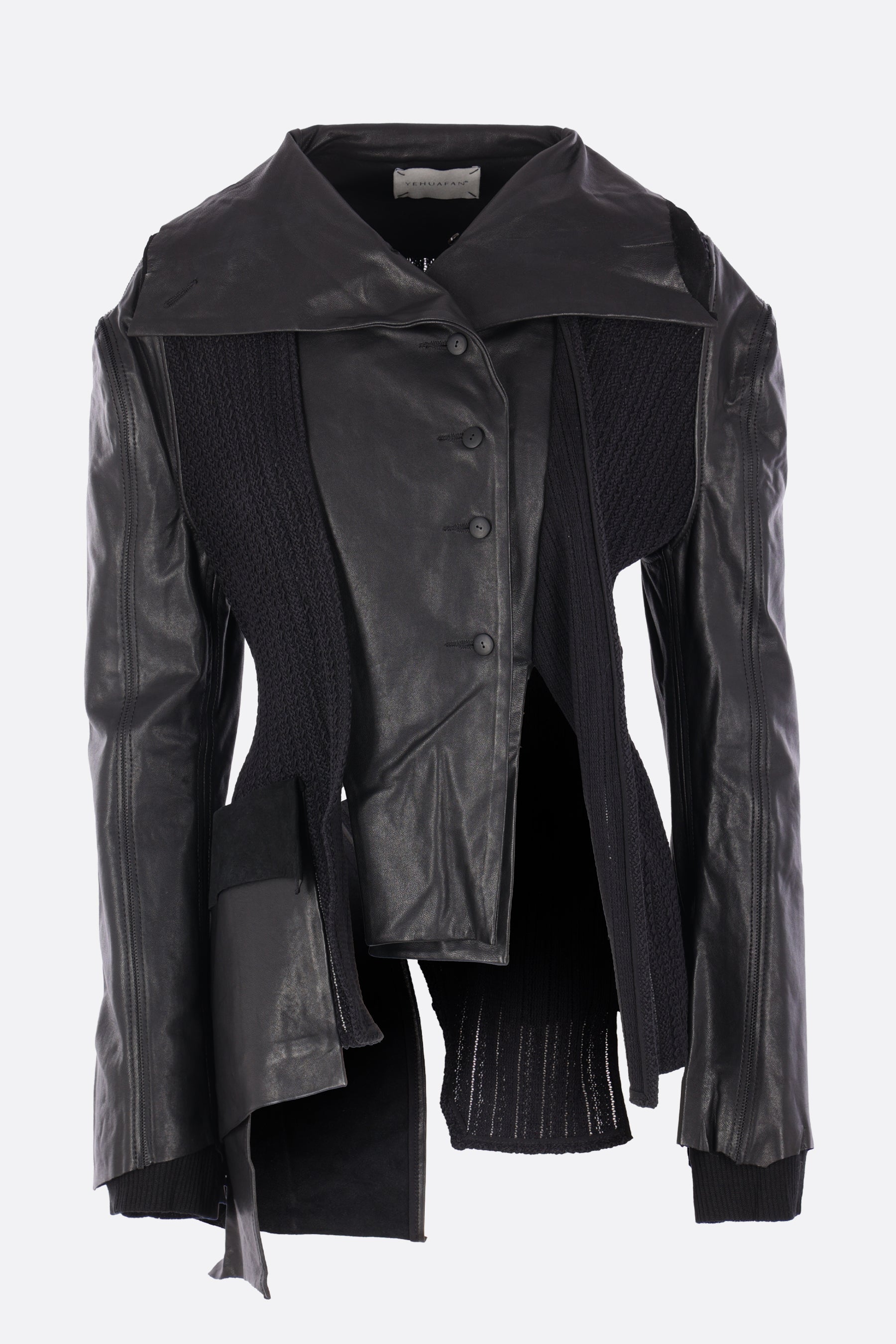 asymmetric jacket in leather and perforated knit