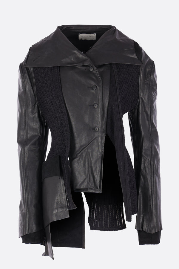 asymmetric jacket in leather and perforated knit