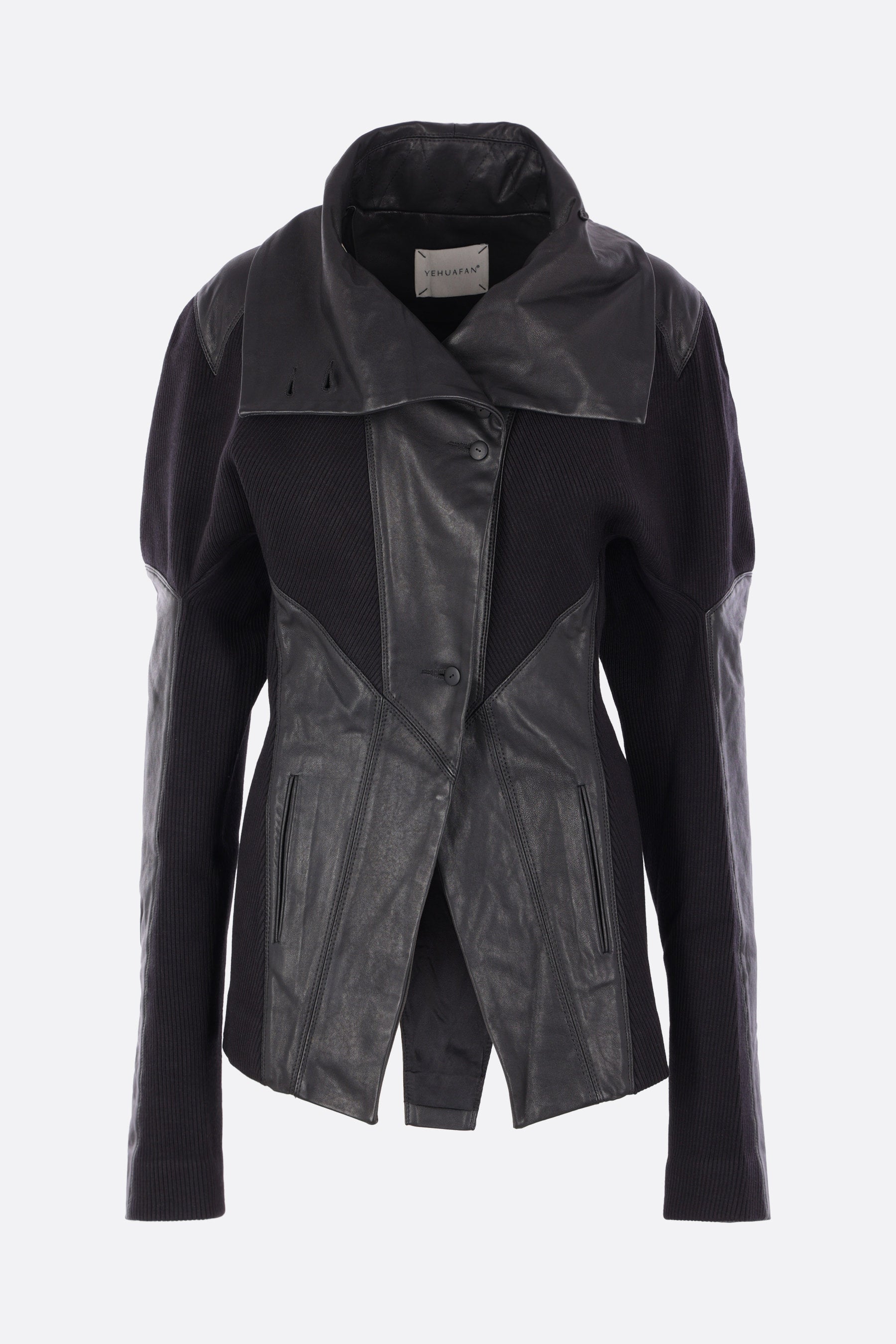 asymmetric jacket in leather rib jersey