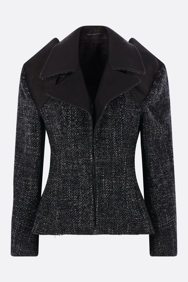 full-zip jacket in dotted wool and leather with cut-out