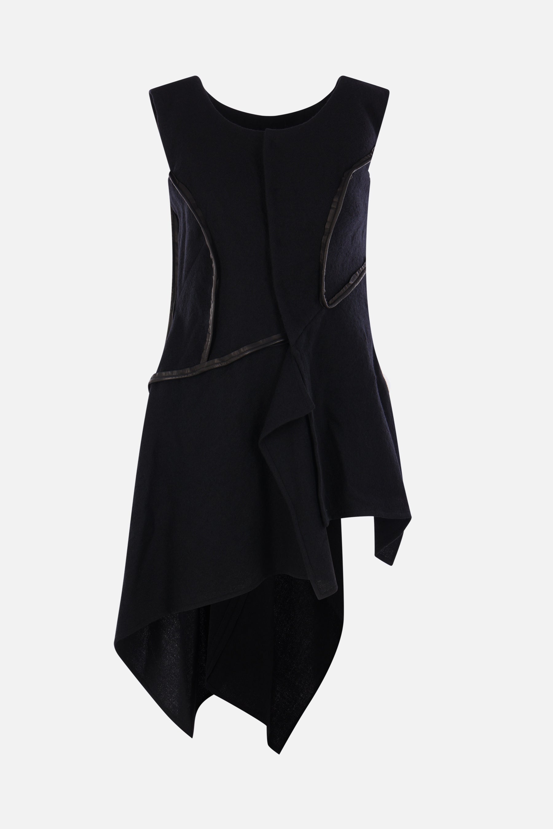 asymmetric vest in wool with leather piping